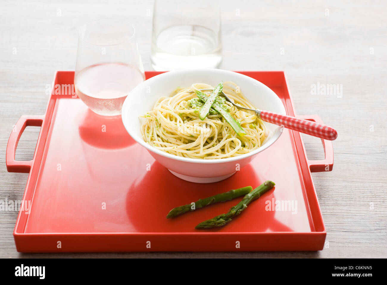 Spaghetti with asparagus pesto Stock Photo