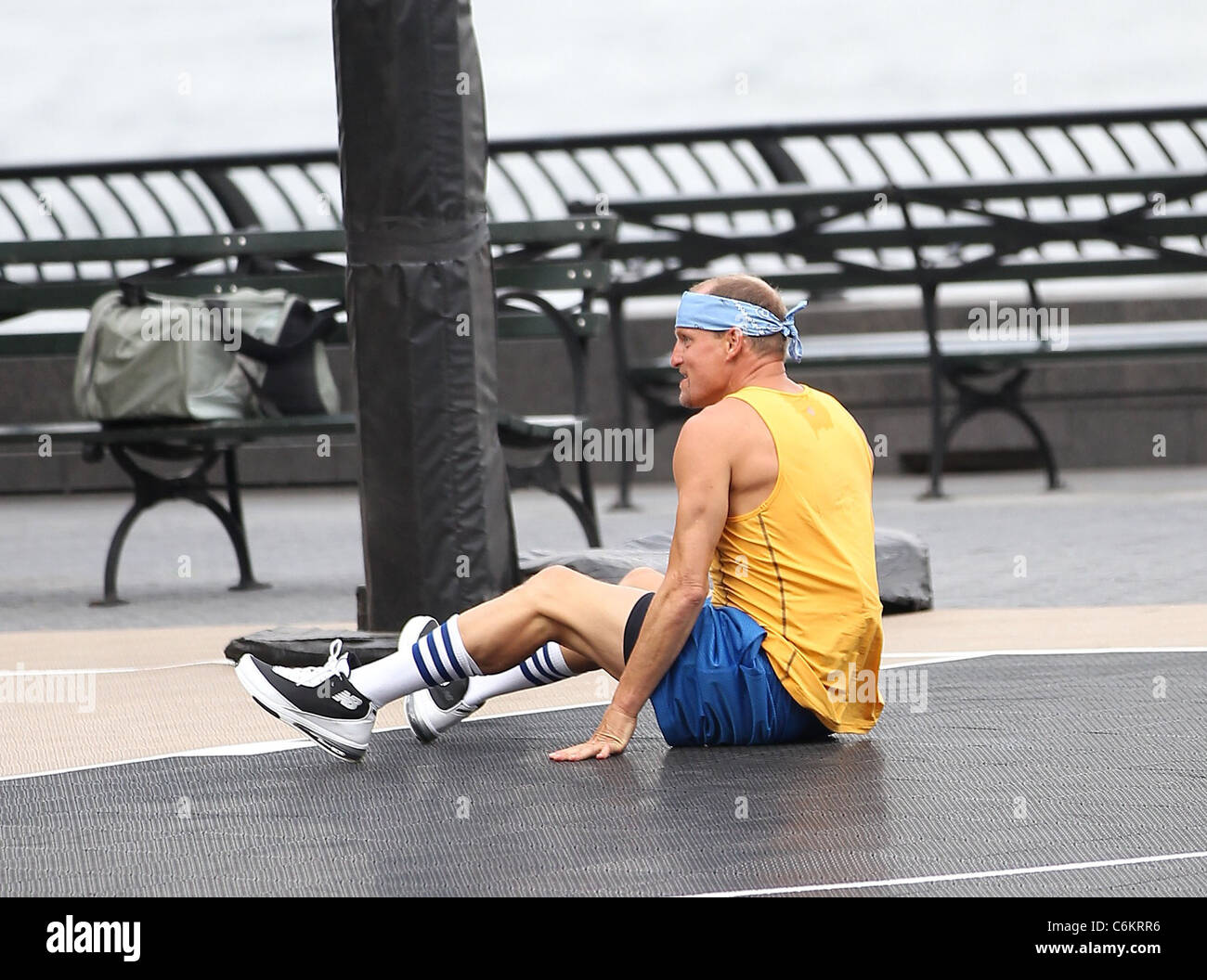 Woody Harrelson plays basketball on the set of his new film 'Friends with Benefits' New York