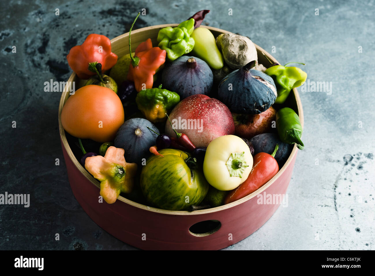 Fruits and vegetables bowls overhead hires stock photography and