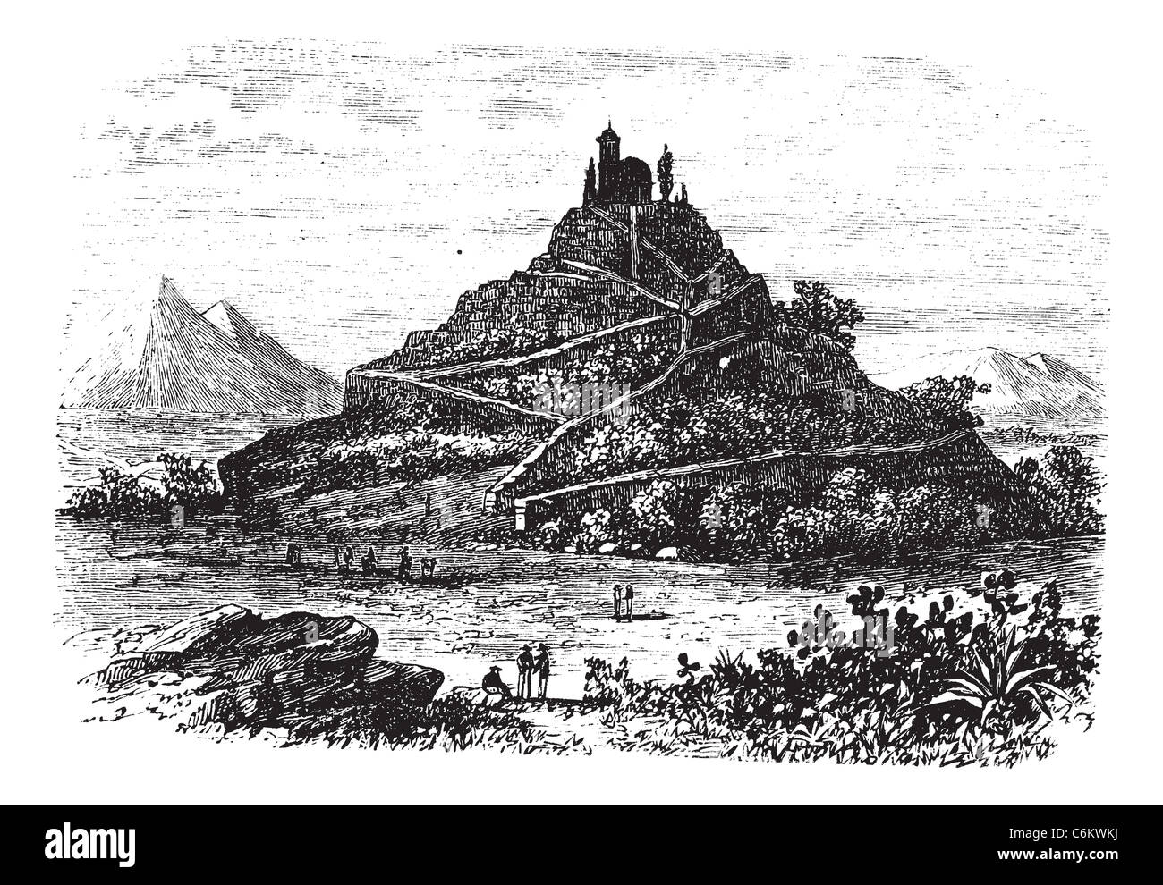 Great Pyramid of Cholula or Tlachihualtepetl in Puebla, Mexico, during the 1890s, vintage engraving. Stock Photo