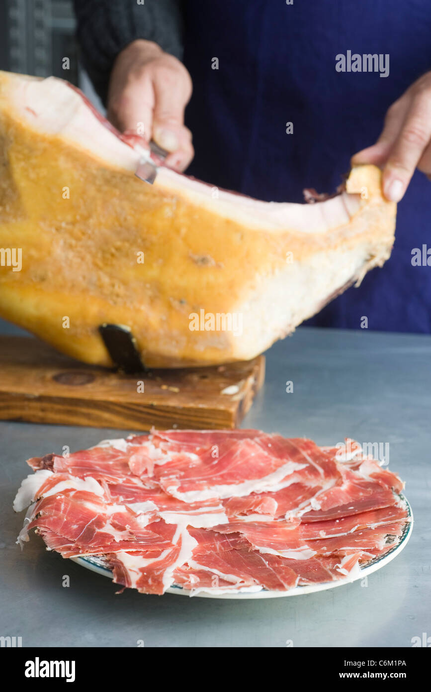 Plate of freshly sliced prosciutto Stock Photo