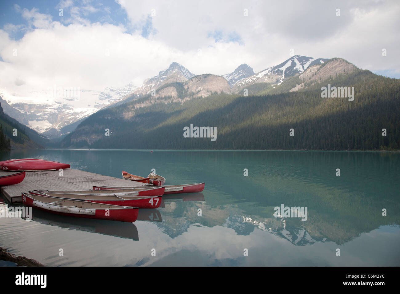 Canoes on Lake Louise, Canada Stock Photo