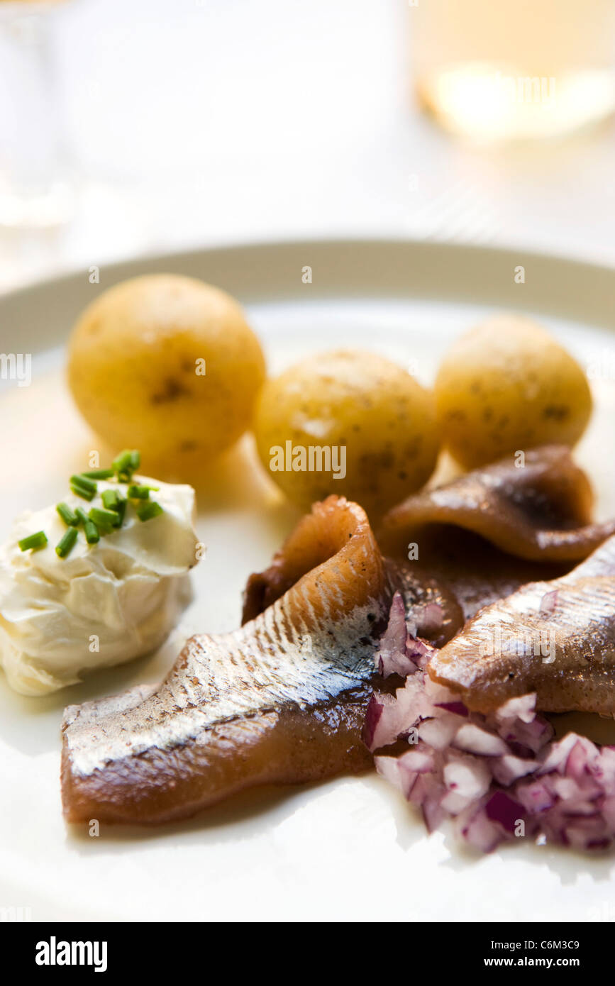 New potatoes with pickled herring and sour cream Stock Photo Alamy
