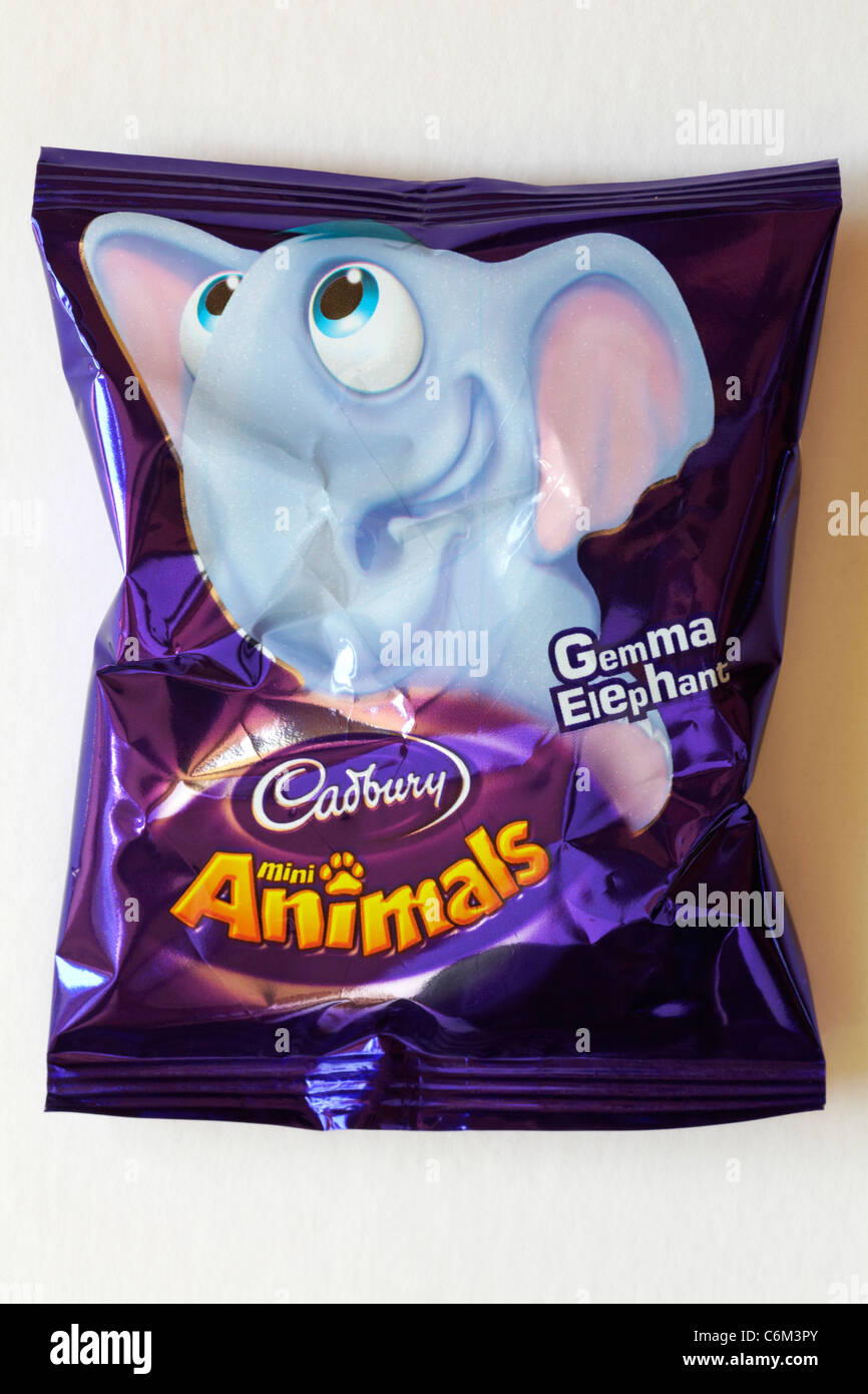 Packet of Cadbury mini animals Gemma Elephant isolated on white