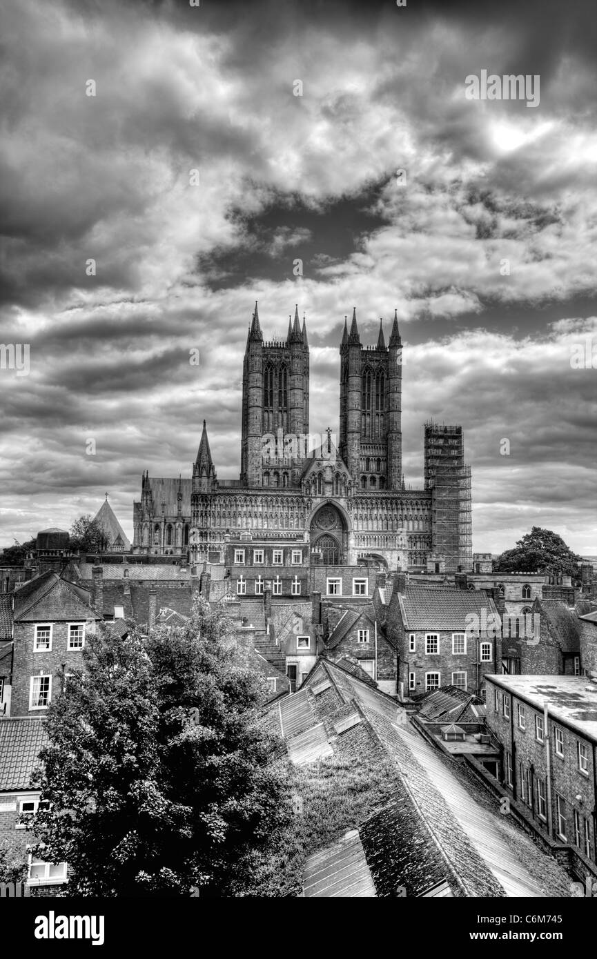 Lincoln city, Lincolnshire black and white photo of the Cathedral from the castle walls dramatic sky Stock Photo