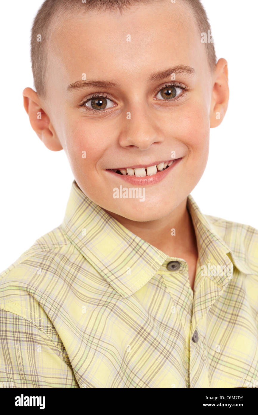 Closeup portrait of a caucasian child isolated on white background ...