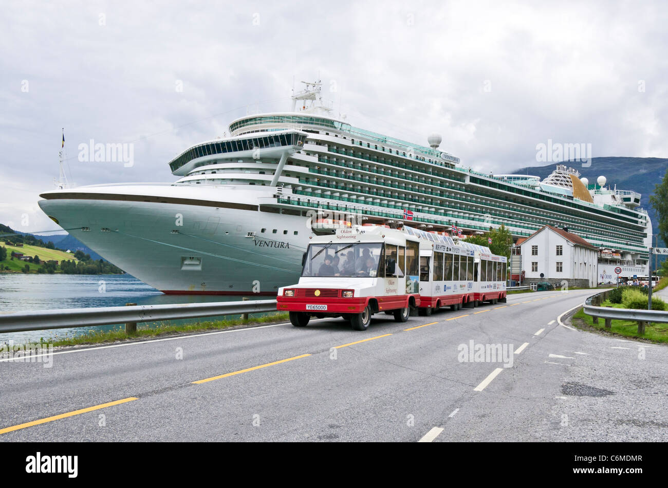 P&O Cruises cruise liner Ventura moored in Olden at the end of Innvikfjorden in western Norway with passengers on sightseeing Stock Photo