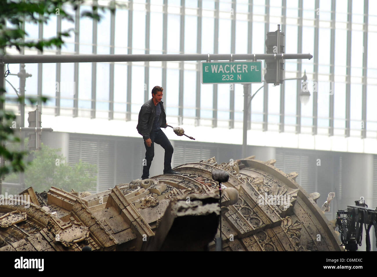 Shia LeBeouf filming a scene in downtown Chicago on the set of
