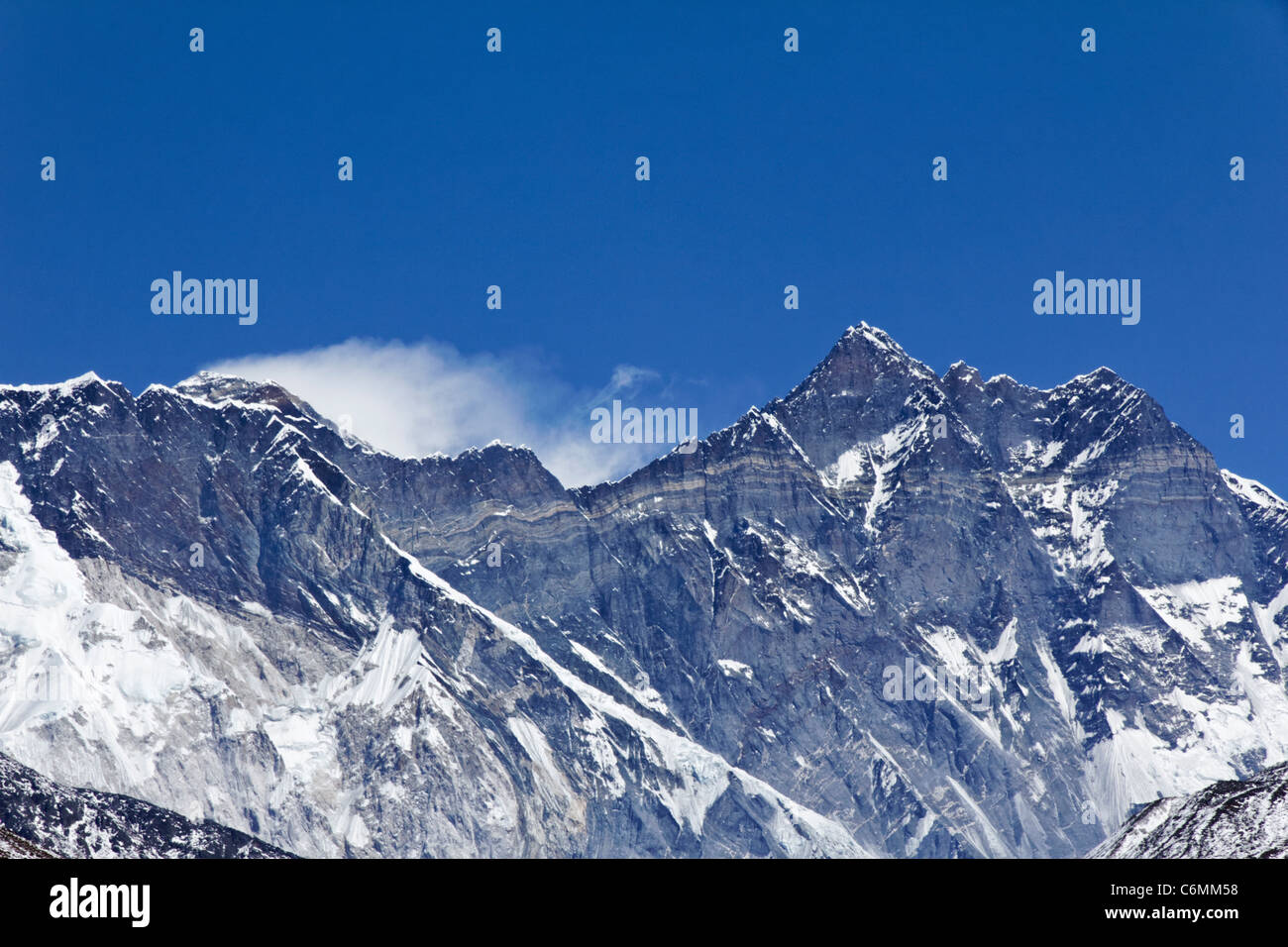 Lhotse and Nuptse mountains with the plume blowing from the summit of Everest behind them, Nepal Stock Photo