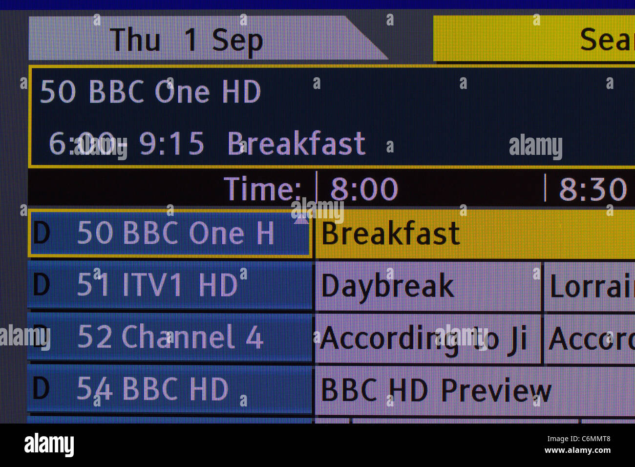 TV screenshot of Guide Plus Channel guide showing the HD channels now available via terrestrial Freeview transmission Stock Photo