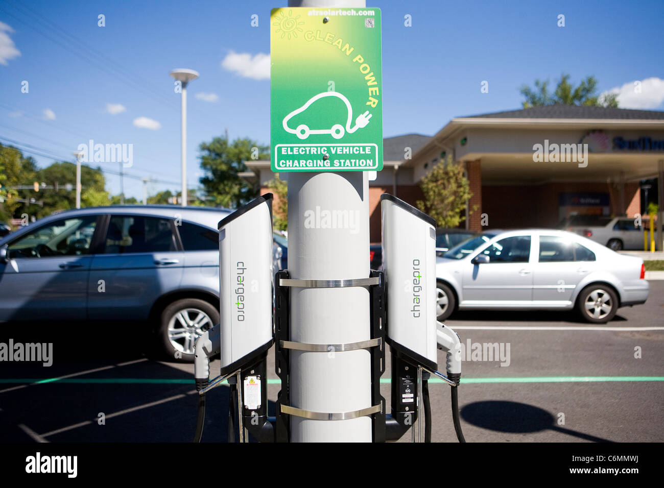 A solar powered electric car charger.  Stock Photo