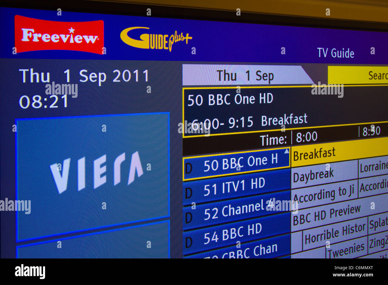 TV screenshot of Guide Plus Channel guide showing the HD channels now available via terrestrial Freeview transmission Stock Photo