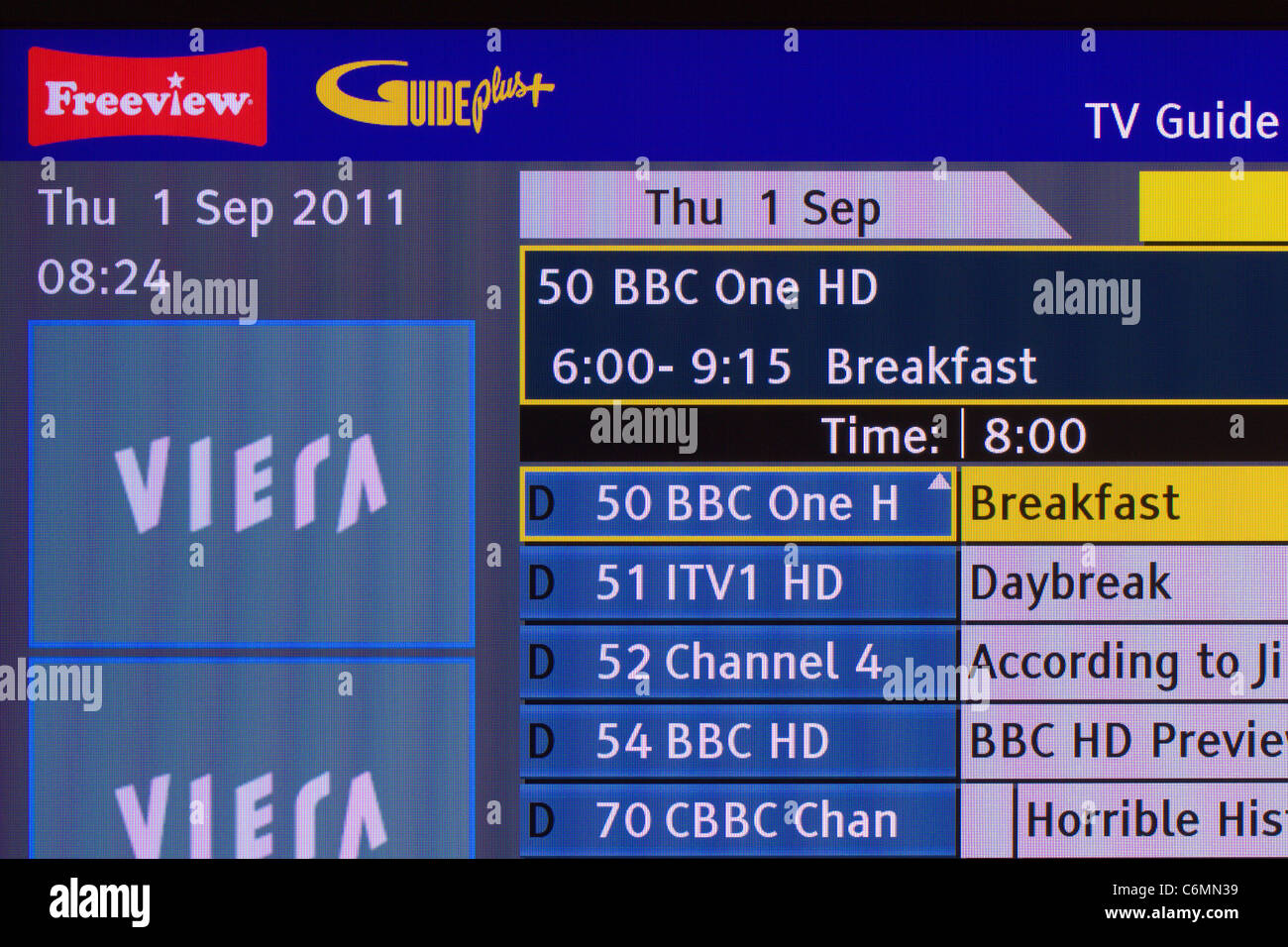 TV screenshot of Guide Plus Channel guide showing the HD channels now available via terrestrial Freeview transmission Stock Photo