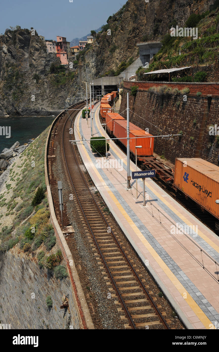 Railway station at the coastal village of Manarola, Cinque Terre, Italy. Stock Photo