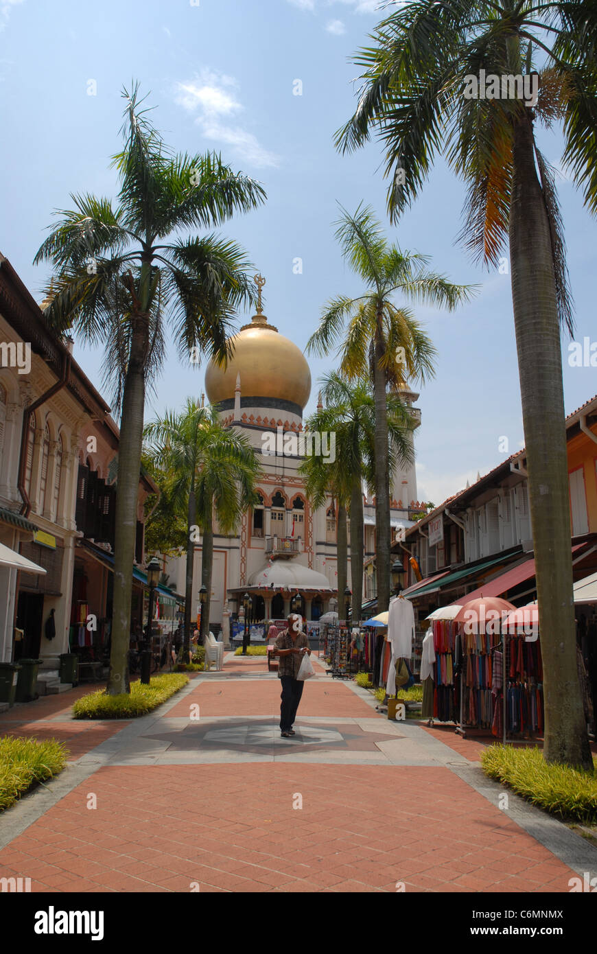 Masjid Sultan, Sultan Mosque viewed down pedestrianised Bussorah Street, (off Muscat Street),Singapore Stock Photo