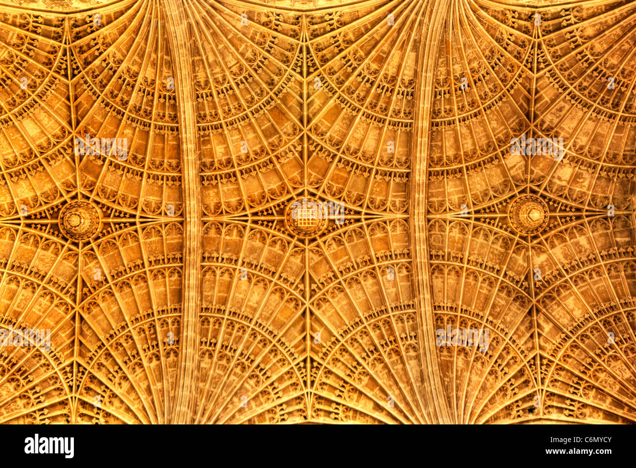 Close up view from below of the fan vaulted ceiling at Kings college, Cambridge University Stock Photo