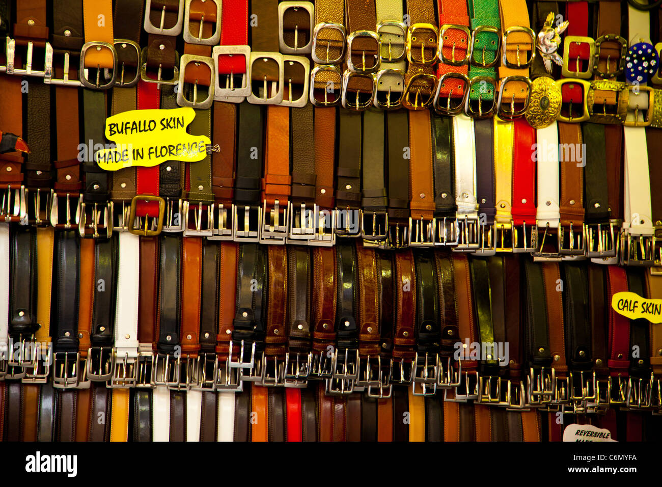 Belts displayed at the leather market in Florence Italy Stock Photo Alamy