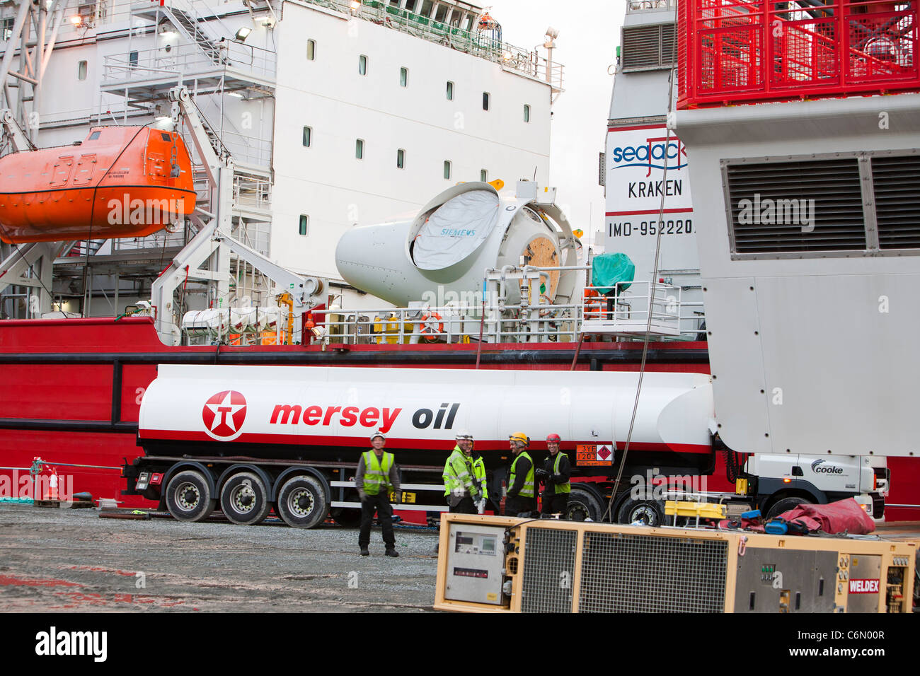 A jack up barge being refuelled at Mostyn. Stock Photo