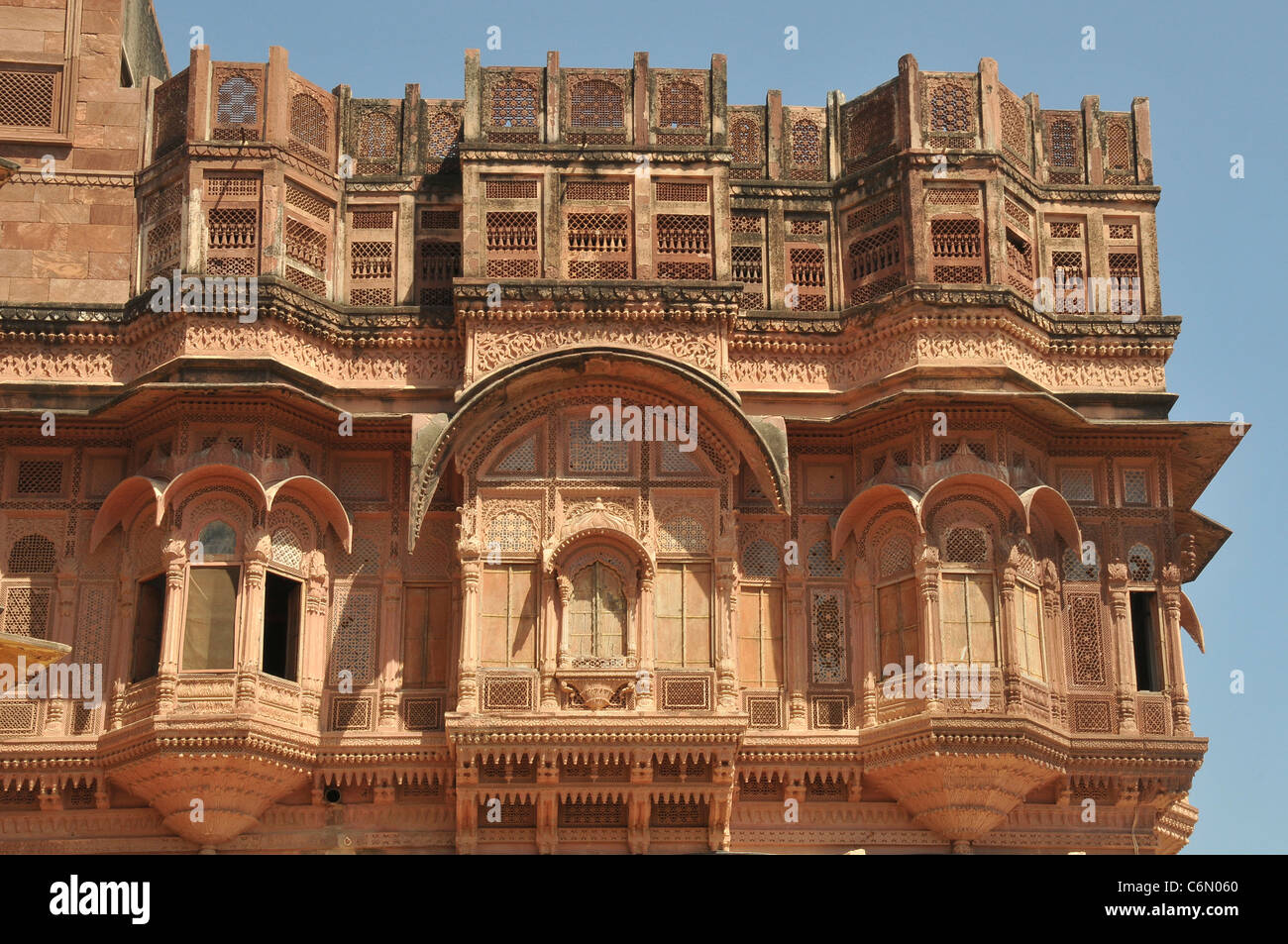 Intricate stone lattice facade Mehrangarh Fort Jodhpur Rajasthan India Stock Photo