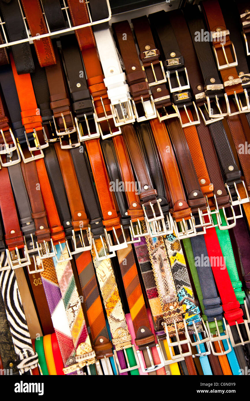 Belts displayed at the leather market in Florence Italy Stock Photo Alamy