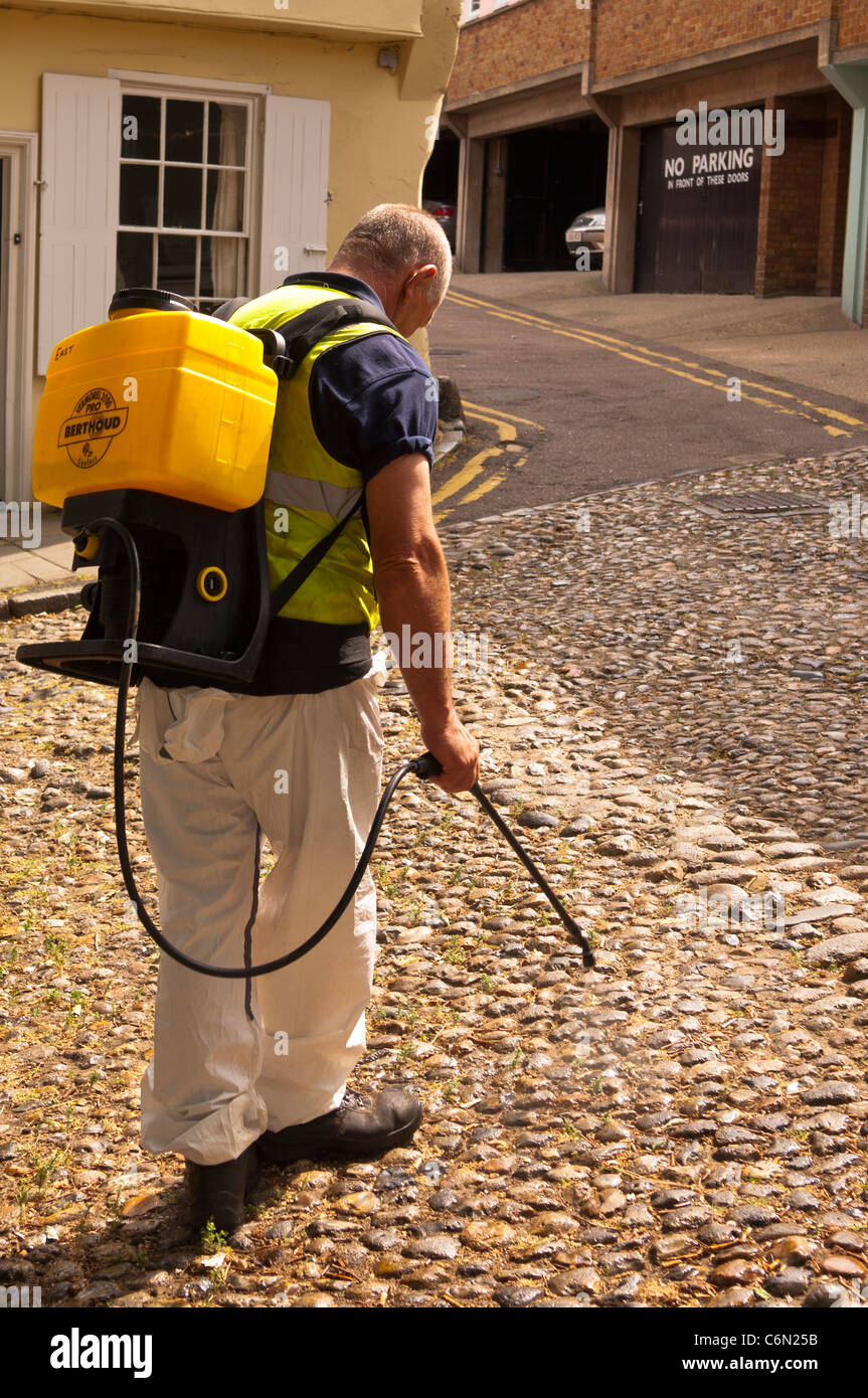 A man spraying the weeds with weedkiller in the cobbled streets in