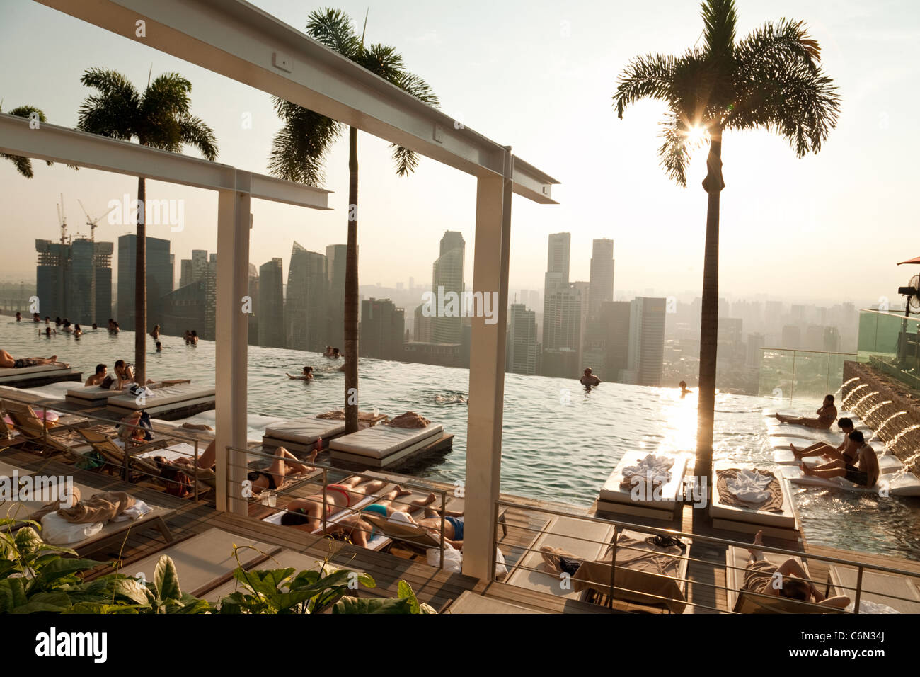 The infinity swimming pool on the skypark, Marina Bay Sands Hotel, Singapore Asia Stock Photo