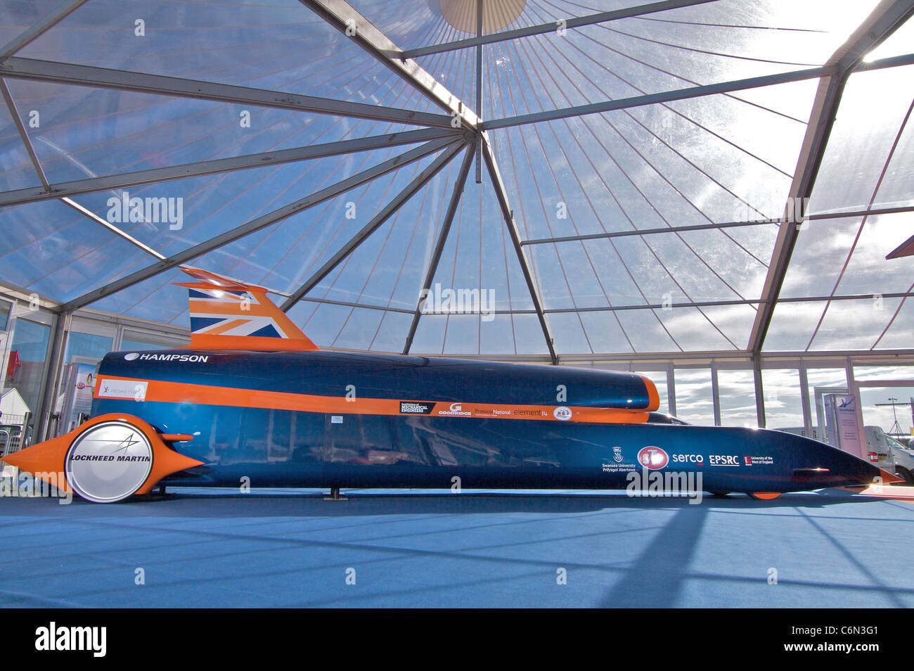 Bloodhound SuperSonic Car The British team hoping to drive a car faster than 1,000mph has unveiled a full-scale model of the Stock Photo