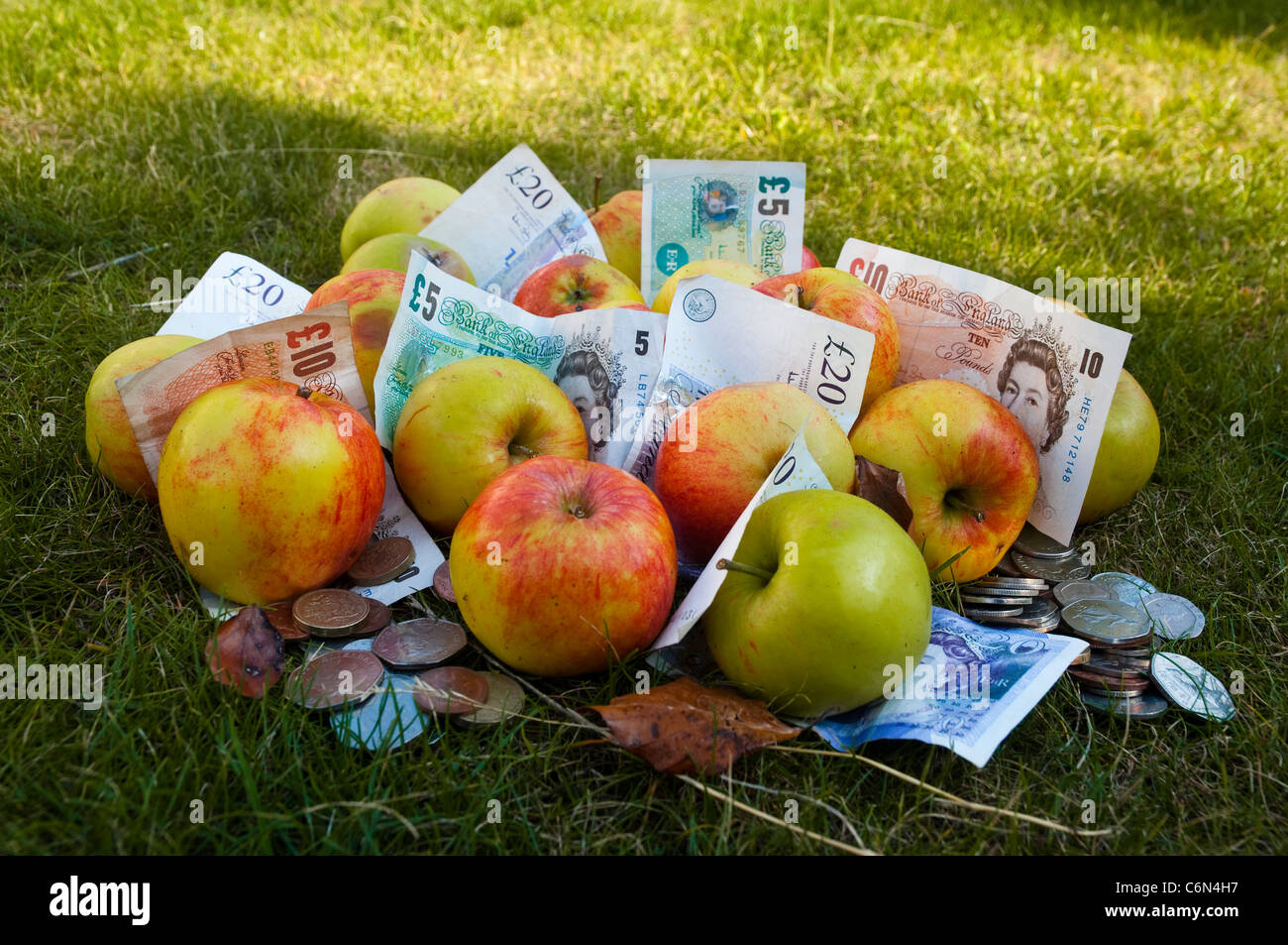 A windfall, money and apples  - unexpectedly in the money, with a cash bonus - to spend, save or invest. UK Stock Photo