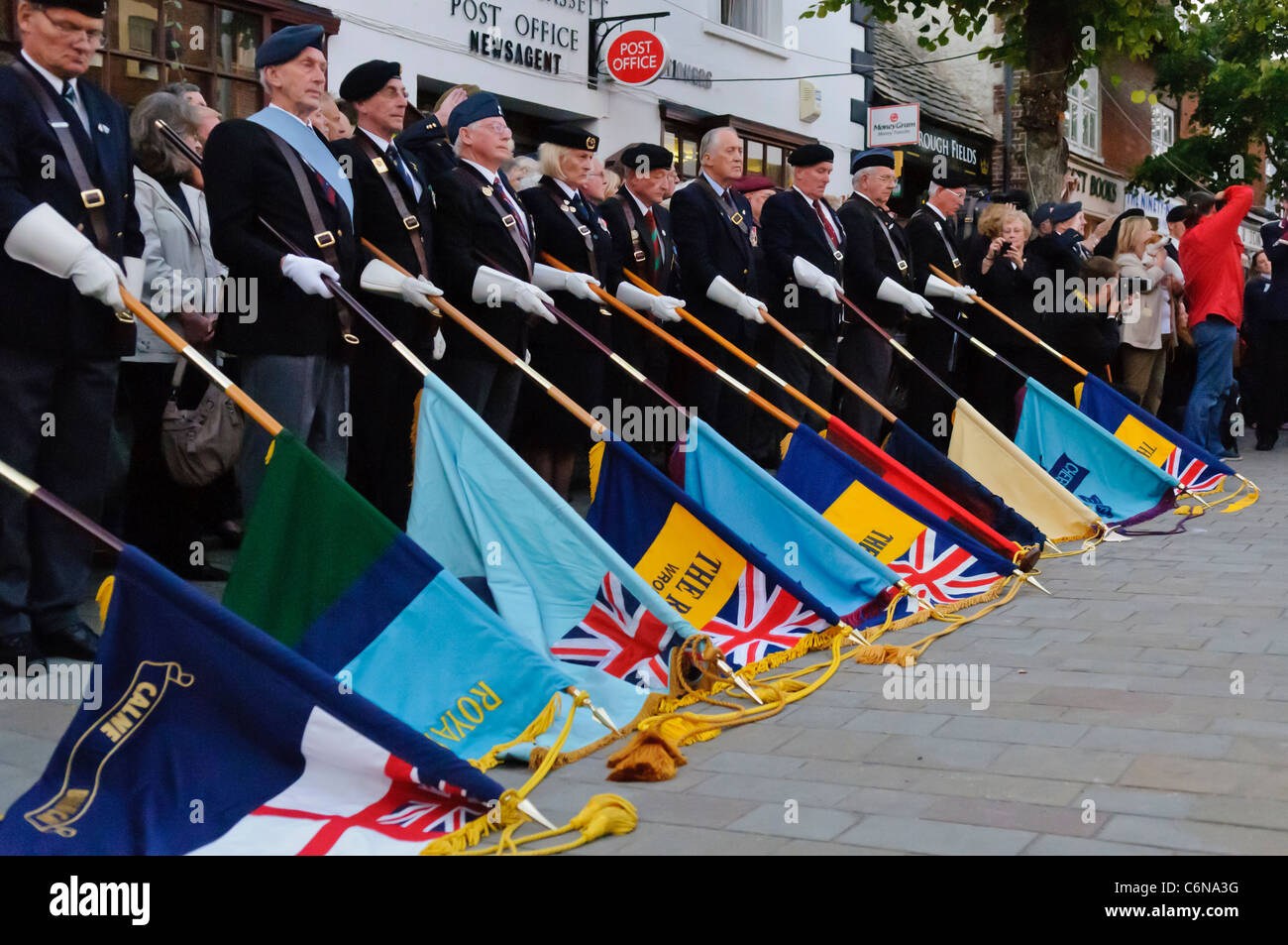 Flags are lowered at the Sunset Ceremony. Royal Wootton Bassett 31/08/2011 Stock Photo