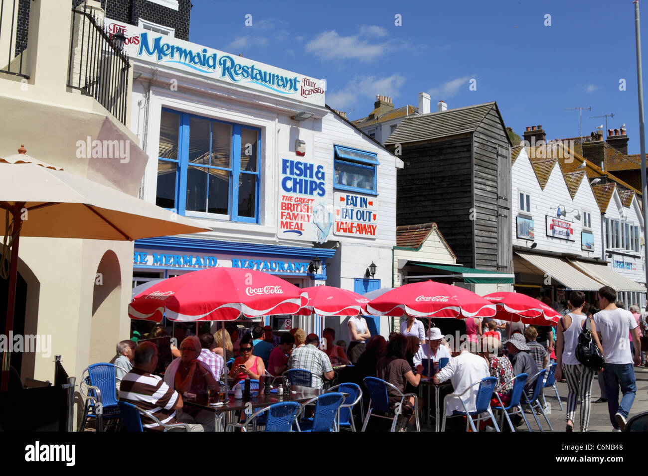 The popular Mermaid fish and chip restaurant Hastings Old Town seafront
