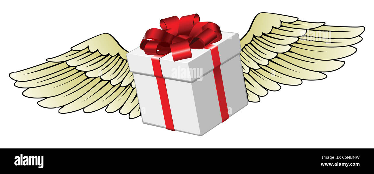 Illustration of a gift flying with feathered wings Stock Photo
