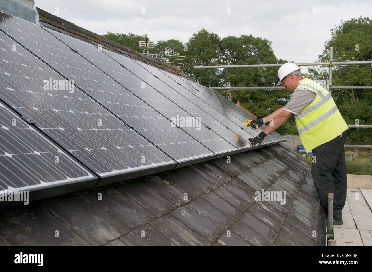 Photovoltaic panels on a roof using solar energy to create electricity ...