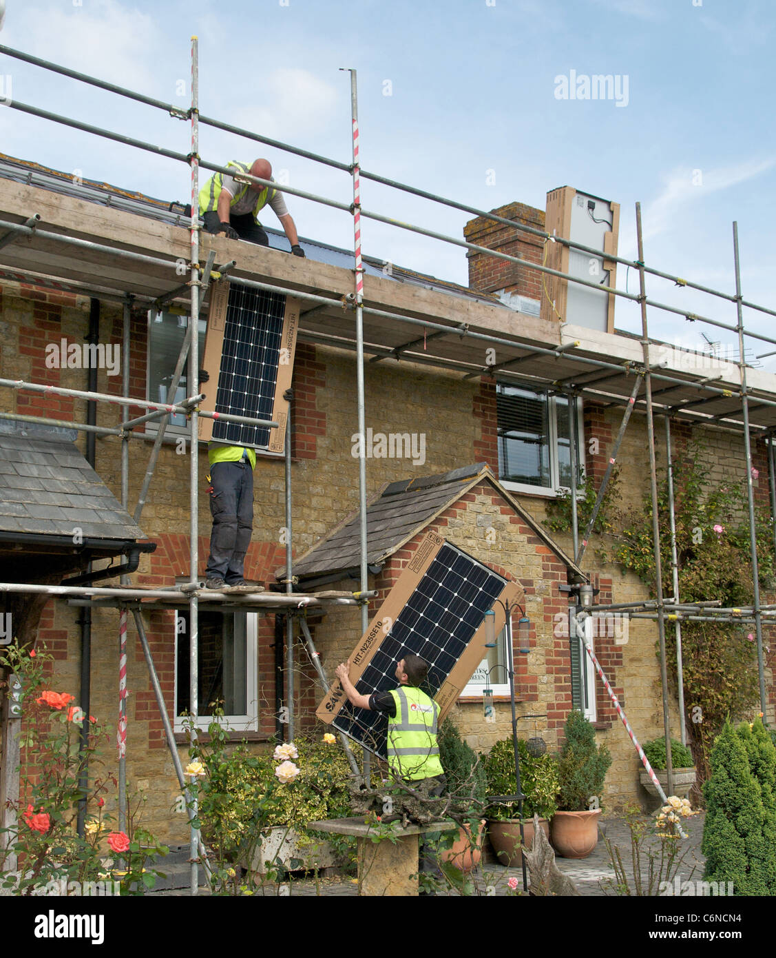 Photovoltaic panels on a roof using solar energy to create electricity ...