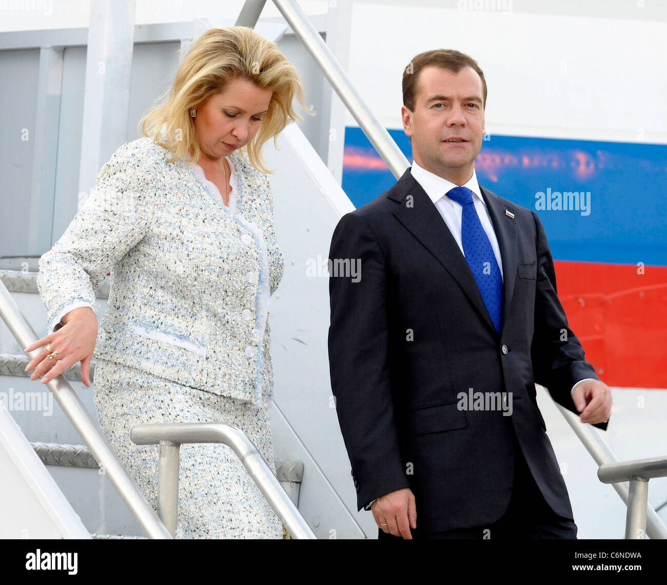 President of the Russian Federation His Excellency Dmirty Medvedev and wife Svetlana Medvedeva World leaders arriving at Stock Photo