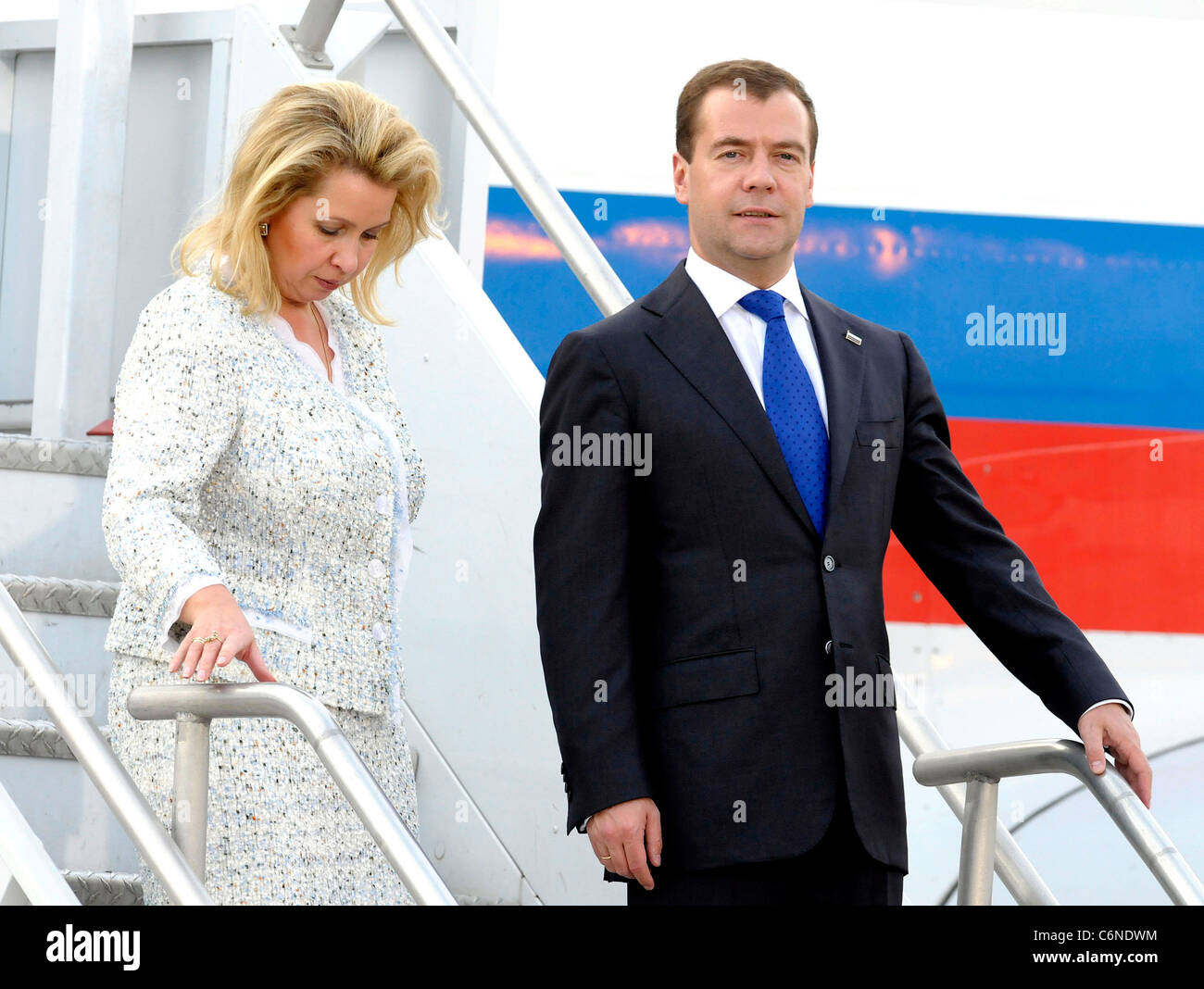 President of the Russian Federation His Excellency Dmirty Medvedev and wife Svetlana Medvedeva World leaders arriving at Stock Photo
