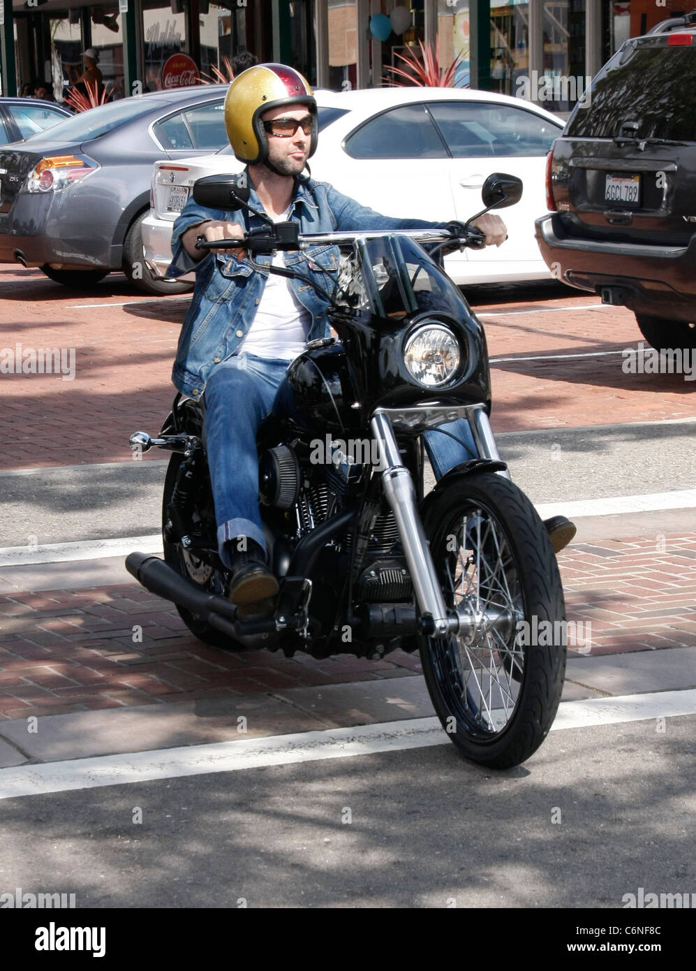 Adam Levine out and about on his motorcycle at Malibu Country Mart in