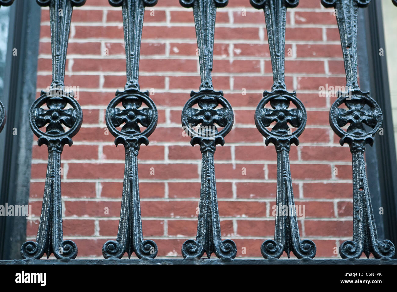1870 victorian ironwork detail are shown on a Brooklyn Heights railings in Brooklyn, NY, Monday August 1, 2011. Stock Photo