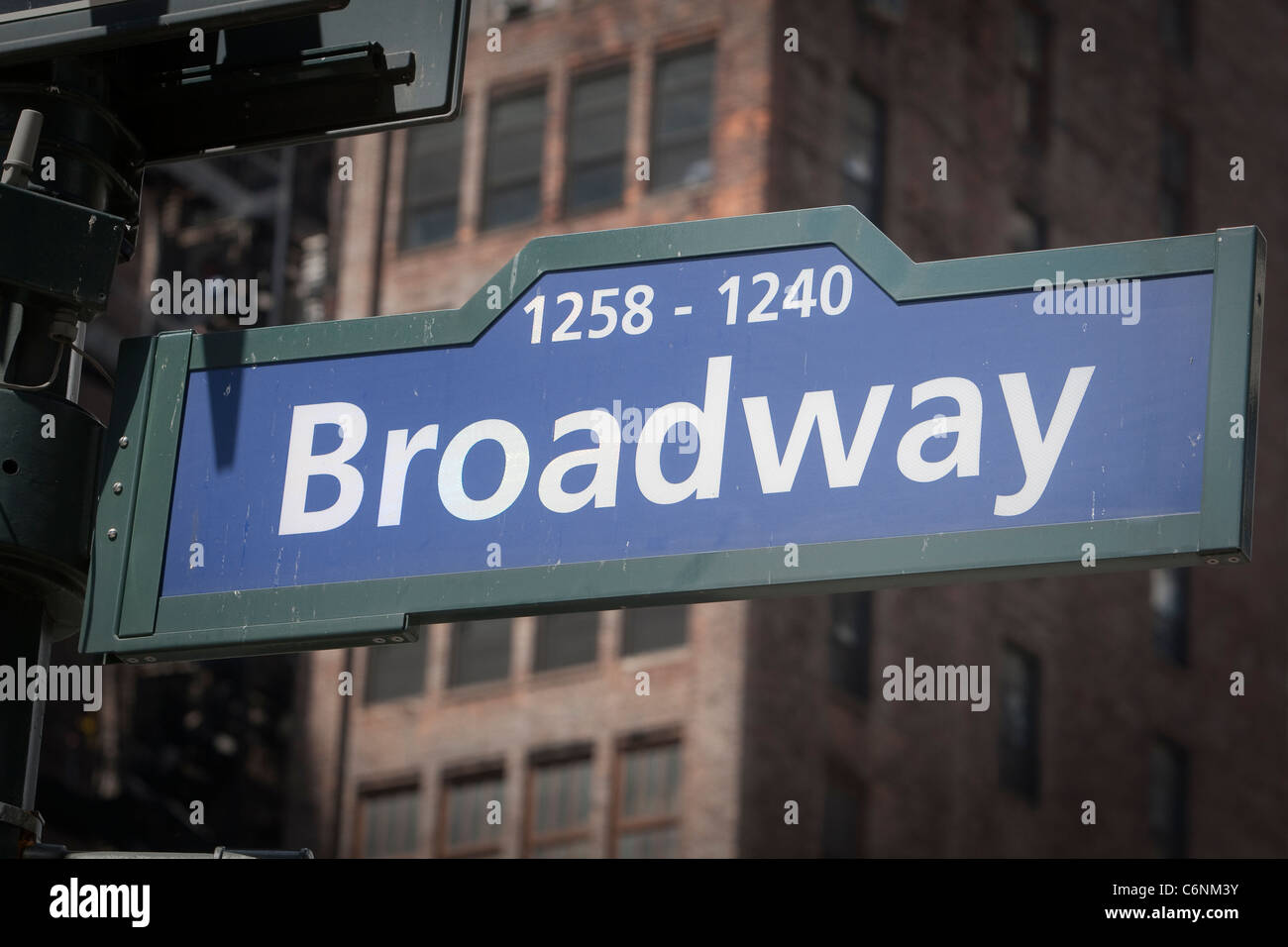A Broadway street sign is seen in the New York City borough of Manhattan, NY, Thursday August 4, 2011. Stock Photo