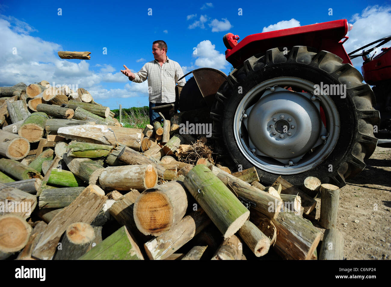 A young farmer pictured with his red Massey Ferguson tractor, Dorset, Uk Stock Photo