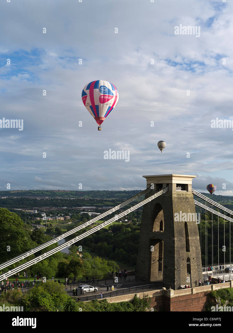 dh Balloon international festival CLIFTON BRISTOL Hot air balloons flying above Suspension bridge uk fiesta England UK Stock Photo