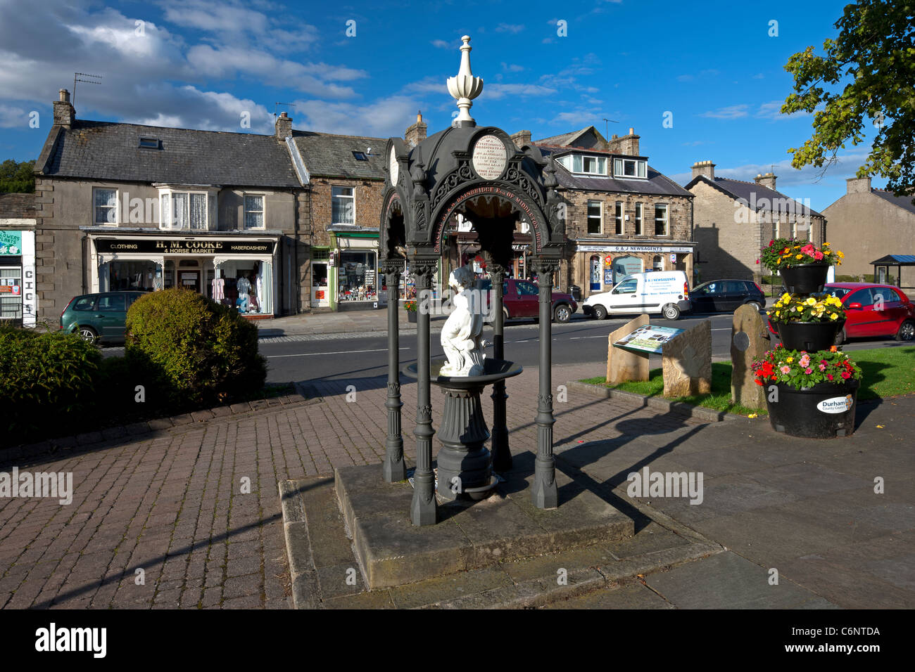 The market town of Middleton-in-Teesdale in County Durham, with a cast iron canopied drinking fountain in centre of the image Stock Photo