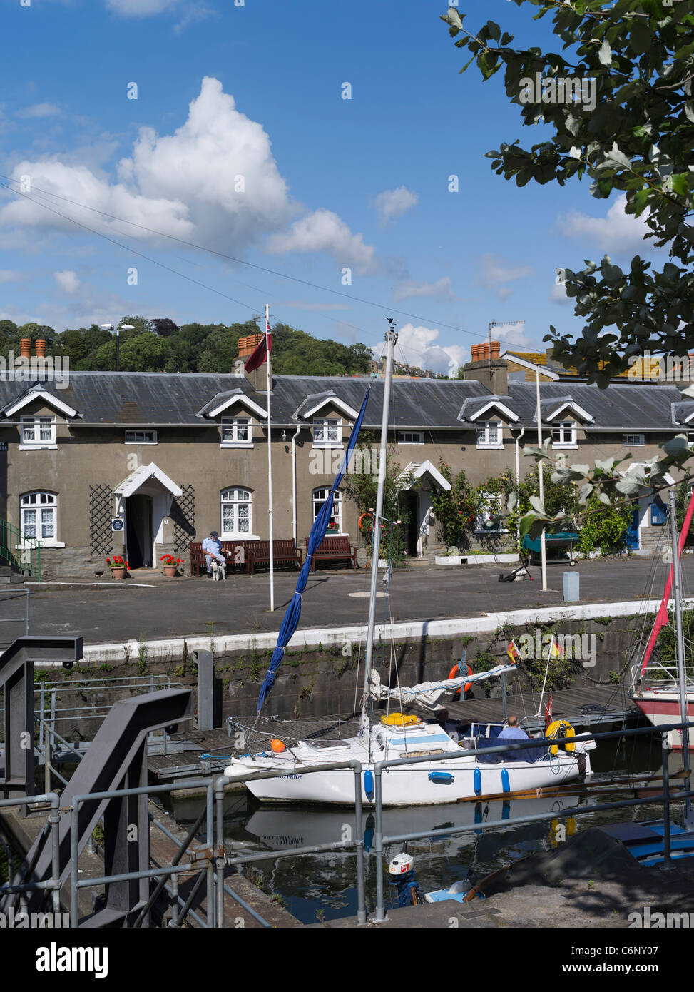dh Old Dock cottages HOTWELLS BRISTOL Yacht in Cumberland Basin Hotwells retirement homes house harbour houses Stock Photo