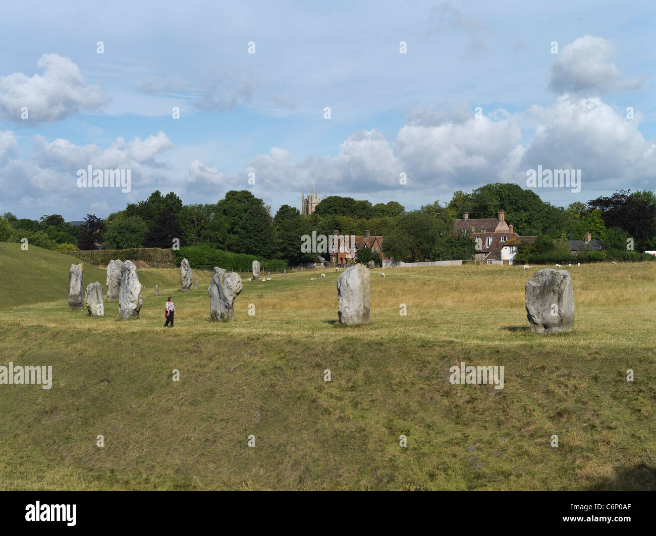 dh Stone Circle AVEBURY WILTSHIRE Tourist walking around megalithic standing stones circle neolithic henge uk person at monument ancient britain Stock Photo