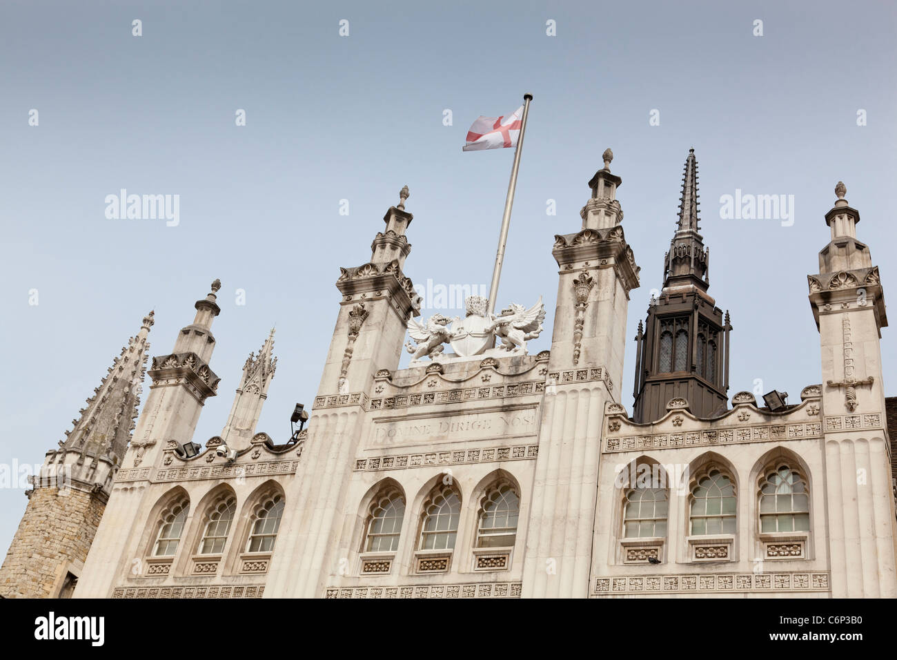 Upper front facade of the Guildhall, built in the 15th century, with the City of London motto 'Domine Dirige Nos'. Stock Photo