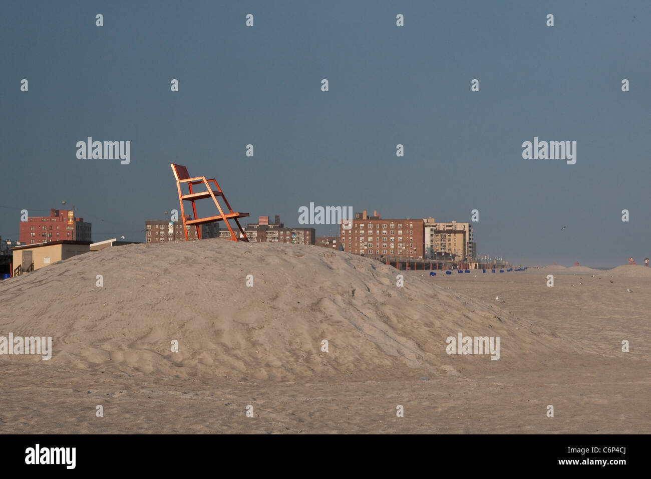 An empty lifeguard chair is pictured in Long Beach, NY, Monday August 1, 2011. Long Beach is a city in Nassau County, New York. Stock Photo