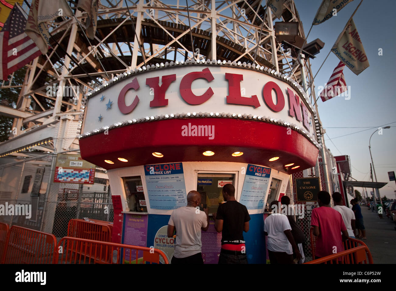 The sun set on the Coney Island Cyclone roller coster on Coney Island in New York city borough of Brooklyn Stock Photo
