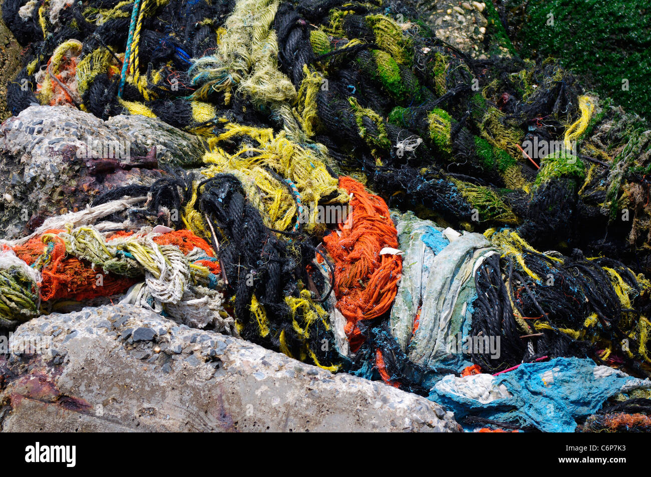 Marine flotsam and jetsam washed up on island seawall Stock Photo