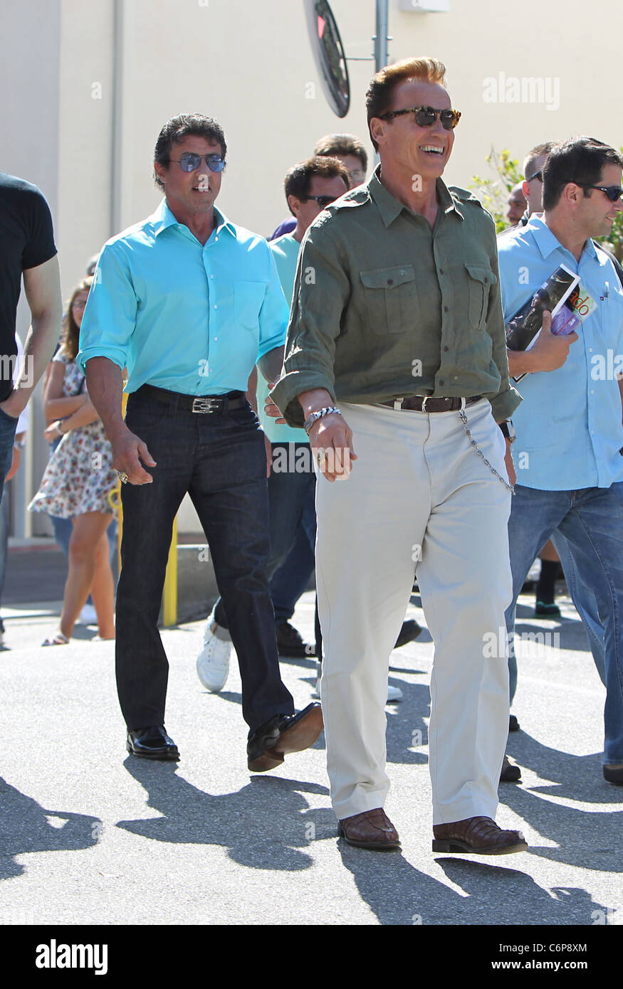 Sylvester Stallone and Arnold Schwarzenegger seen leaving Cafe Roma in  Beverly Hills after having lunch together. Los Angeles Stock Photo - Alamy