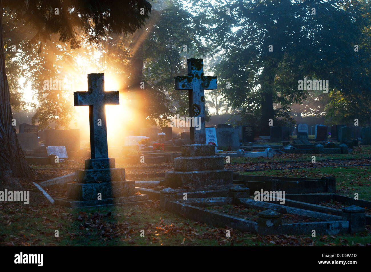 Cemetery Cross headstones lit up in the early morning sunlight through mist. Kings Sutton, Northamptonshire, England Stock Photo
