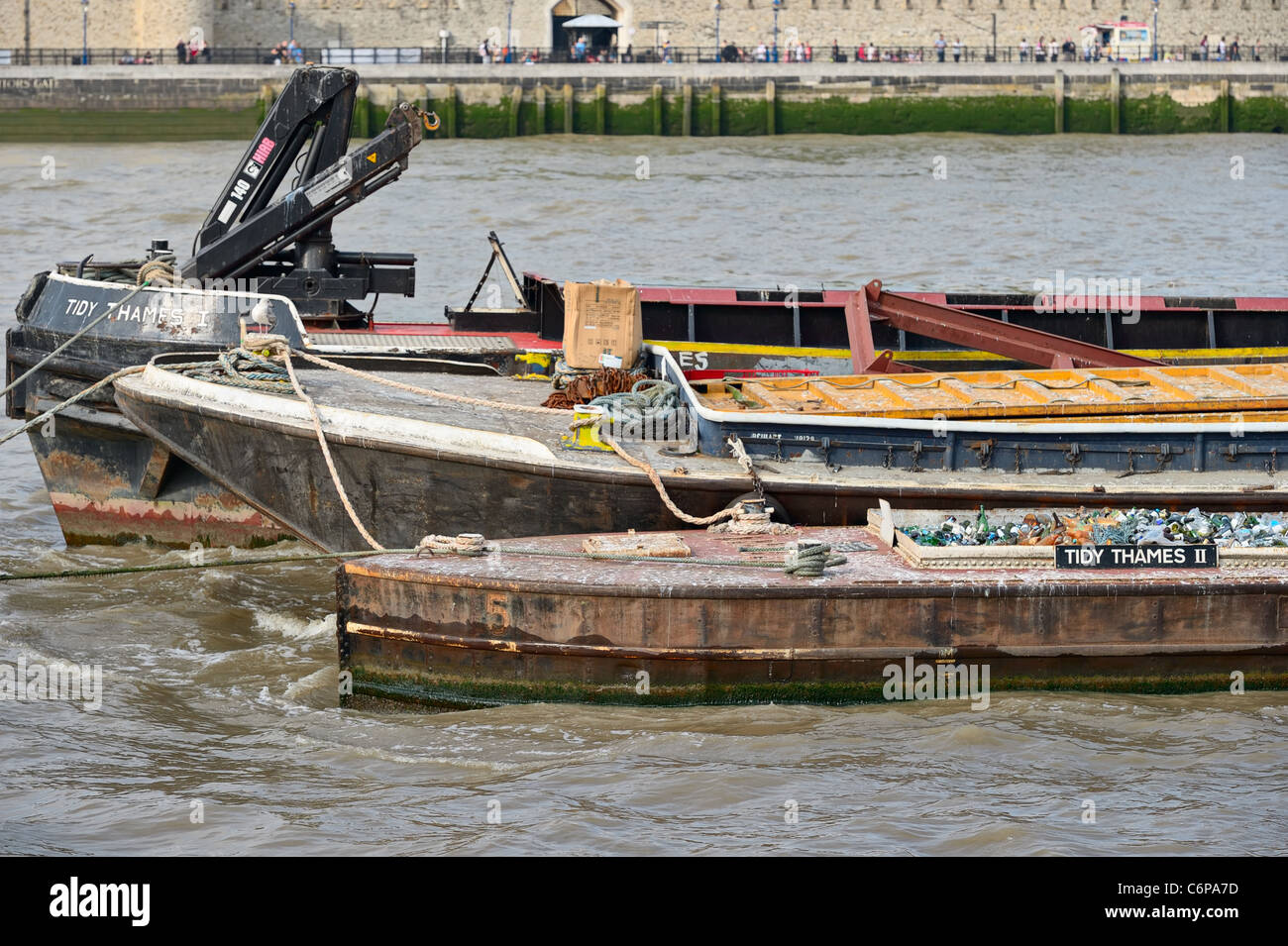 Detail of waste disposal barges on the River Thames, London, England, UK, Europe Stock Photo